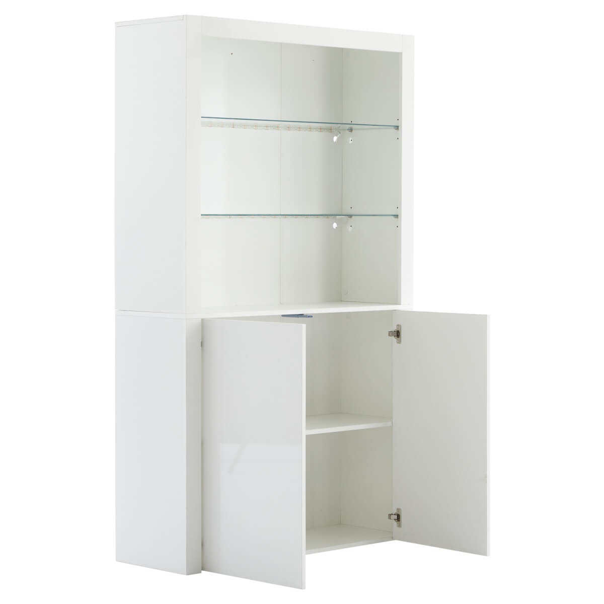 White High Gloss Display Cabinet - Tall Storage Cupboard with Tempered Glass Shelves, Doors & LED Lights