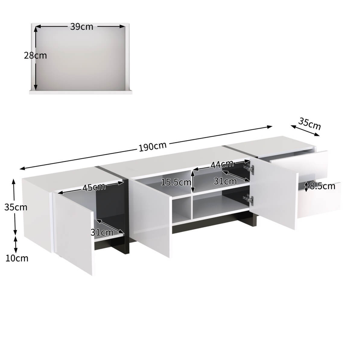 High Gloss TV Unit with Doors and Drawers - Modern White and Black TV Stand with Storage Shelves and Colour-Block Legs
