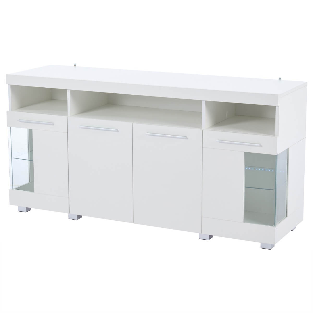 High Gloss White Sideboard with LED Lighting - Modern Storage Cabinet with 3-Tier Tempered Glass Display Shelves