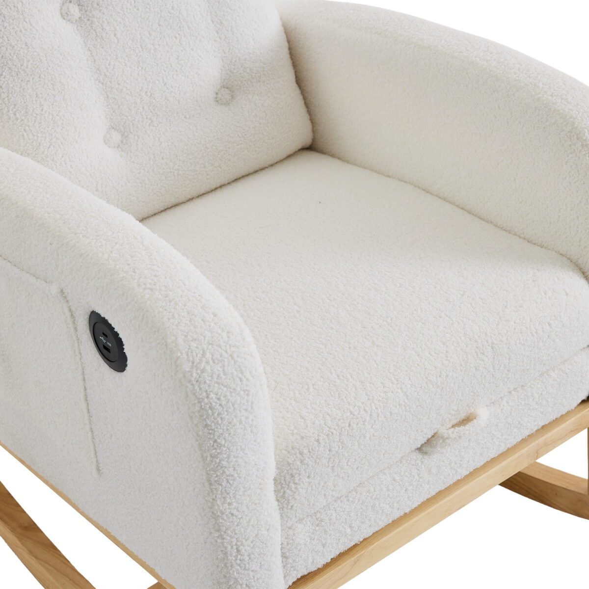 Rocking Chair with USB Charging Ports - Teddy Fabric Nursing Chair with Adjustable Footrest, Side Pocket for Nursery, Living Room & Bedroom, White