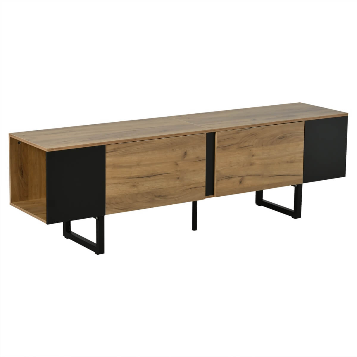TV Unit - 2 Cabinets and Open Storage, Fits up to 75 Inch TV, Wood and Black