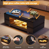 High Gloss Coffee Table with LED Lights – Black Centre Table with Glass Top & Open Storage