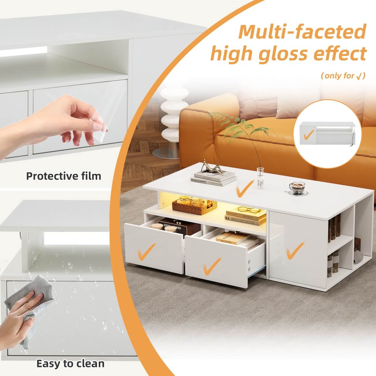 High Gloss Coffee Table with LED Lights - White Centre Table with 2 Drawers & Open Storage