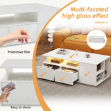 High Gloss Coffee Table with LED Lights - White Centre Table with 2 Drawers & Open Storage