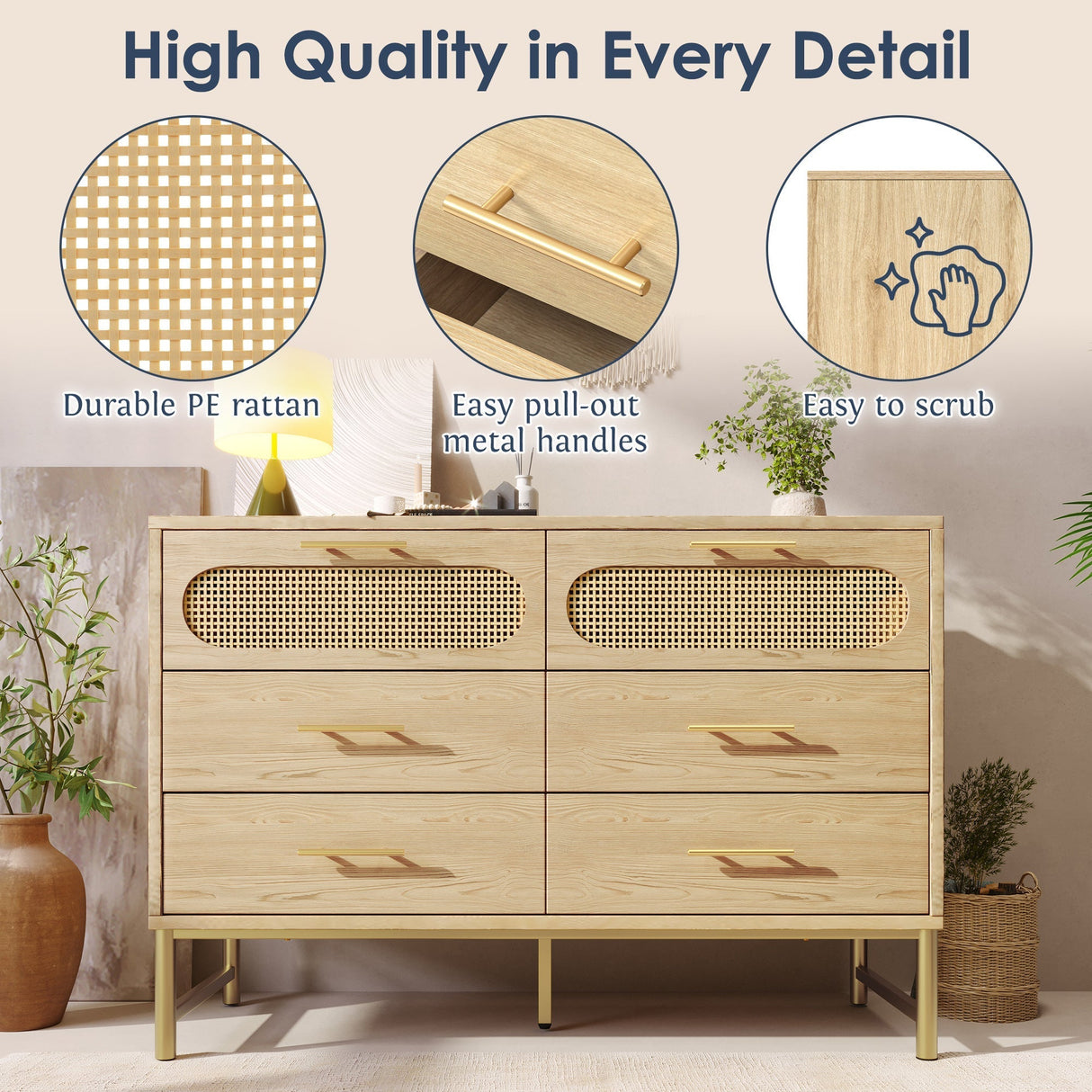 Rattan Sideboard Storage Cabinet with 6 Drawers, Cupboard Sideboards for Living Room, Bedroom, and Hallway, Metal Handles, Anti-Tip, 120 x 40 x 74 cm, Oak