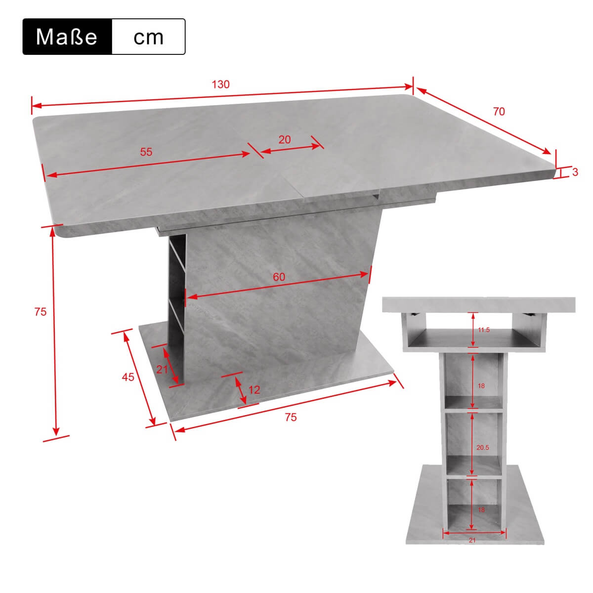 Extendable Dining Table with Storage - Space-Saving Rectangular Table with Metal Frame, Modern Multi-Functional Design, Grey