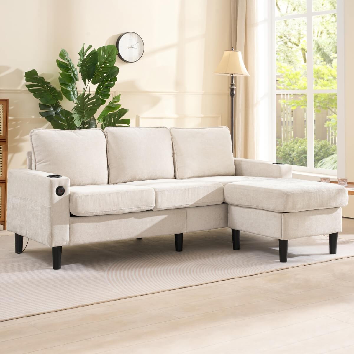 L Shaped Corner Sofa - 3 Seater Sectional Couch with USB & Cup Holder, Beige