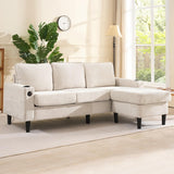 L Shaped Corner Sofa - 3 Seater Sectional Couch with USB & Cup Holder, Beige