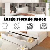 Platform Bed with Trundle, Bookcase & USB, Single 3ft, Storage Drawers and Shelves, White