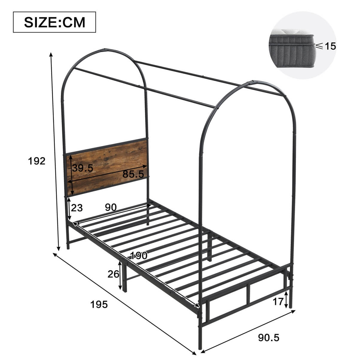 3ft Single Metal Canopy Bed - Sturdy Iron Bed Frame for Adults & Teenagers, Black & Wood