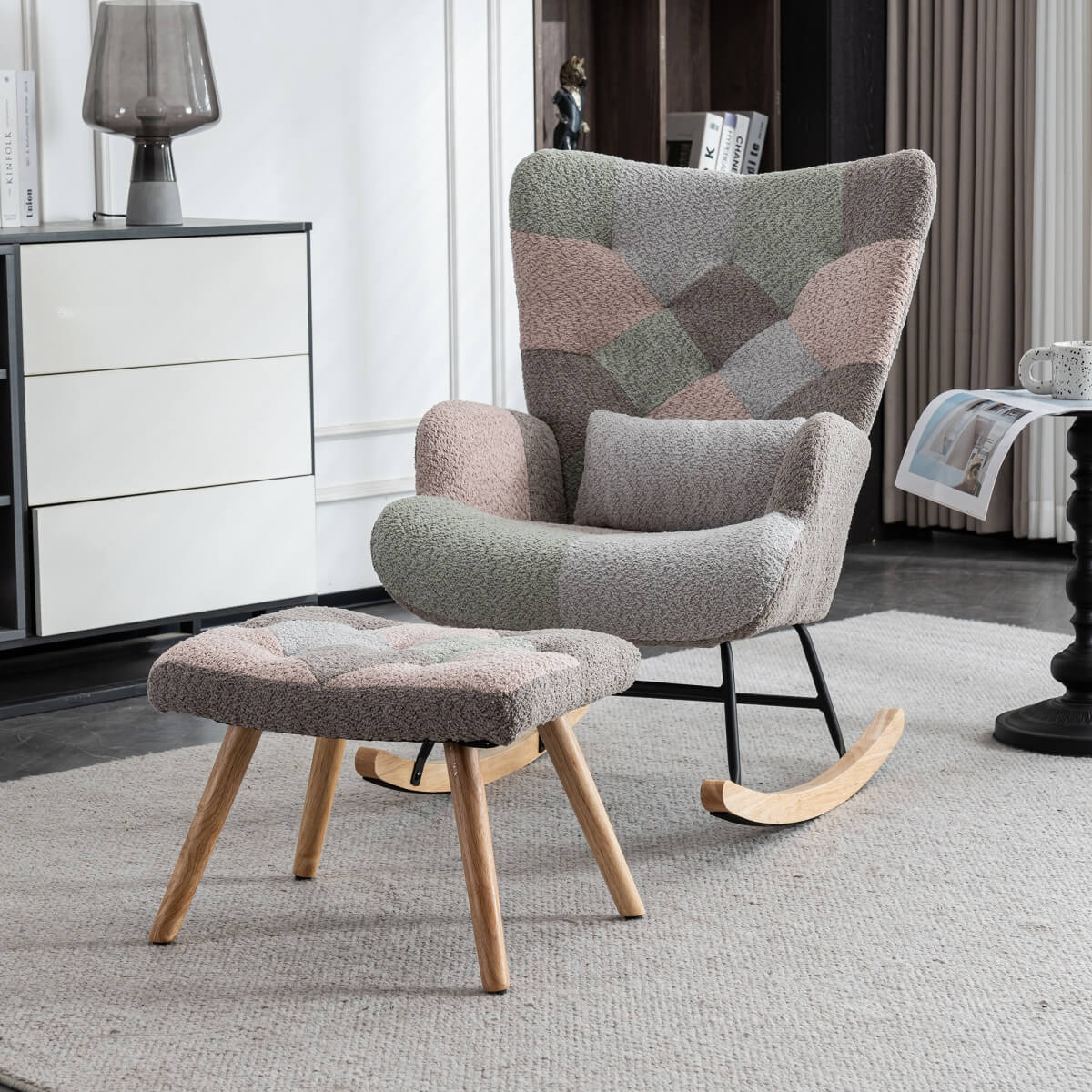 Fabric Rocking Chair with Ottoman - Wingback Accent Armchair with Wooden Legs