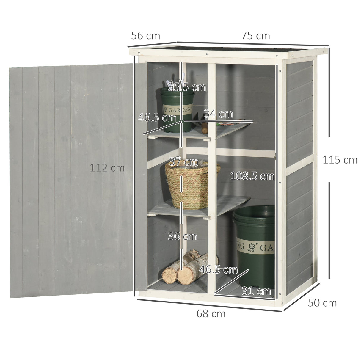 Wooden Small Shed, Garden Storage with Shelves and Bolt Latch, Grey