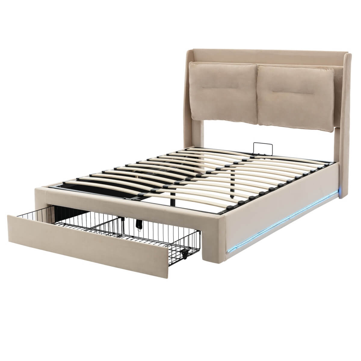 5ft King Size Upholstered Storage Bed – Velvet Hydraulic Bed with End Drawers, LED Light Strips