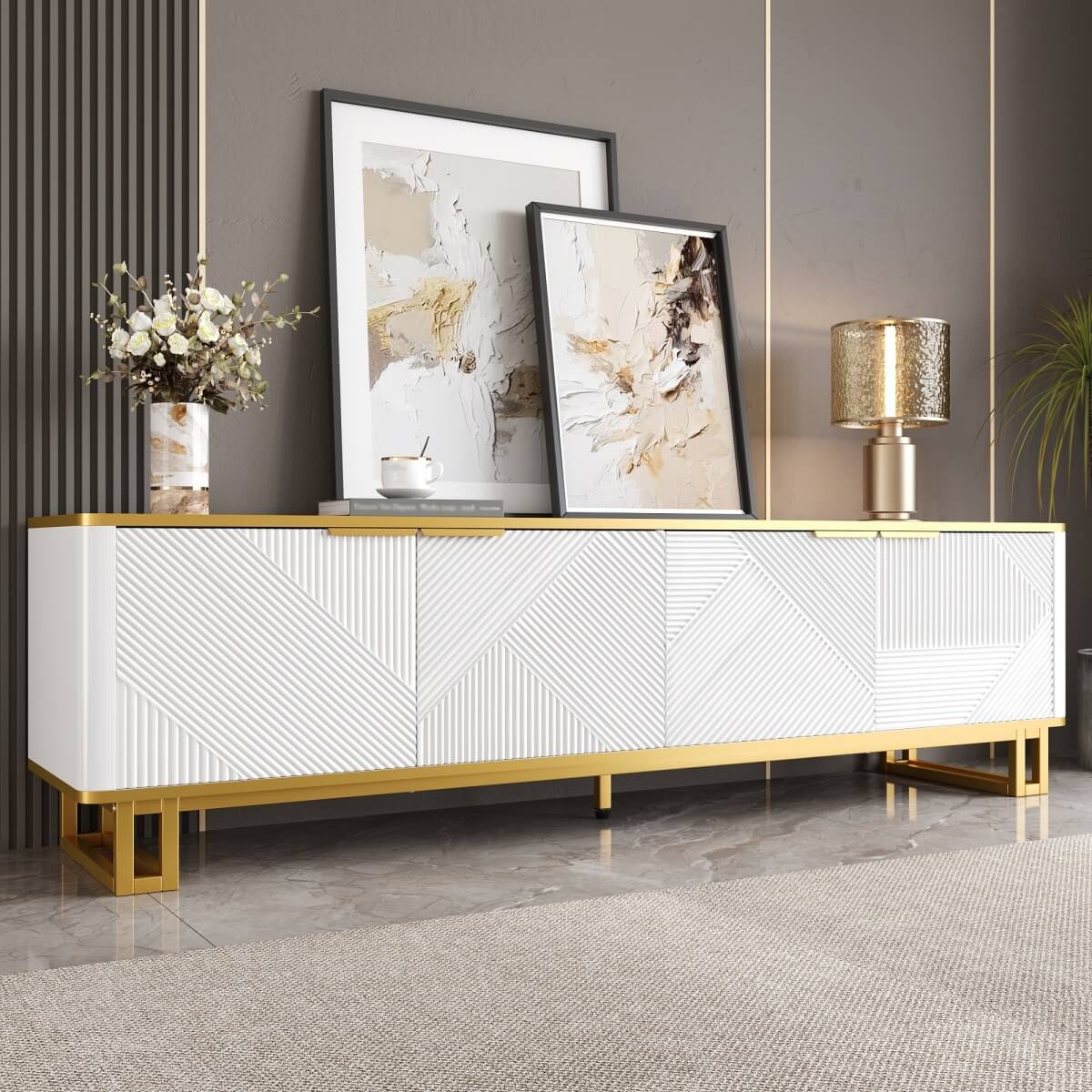 Modern TV Cabinet with 4 Doors - Geometric Texture TV Stand & Media Console,  White