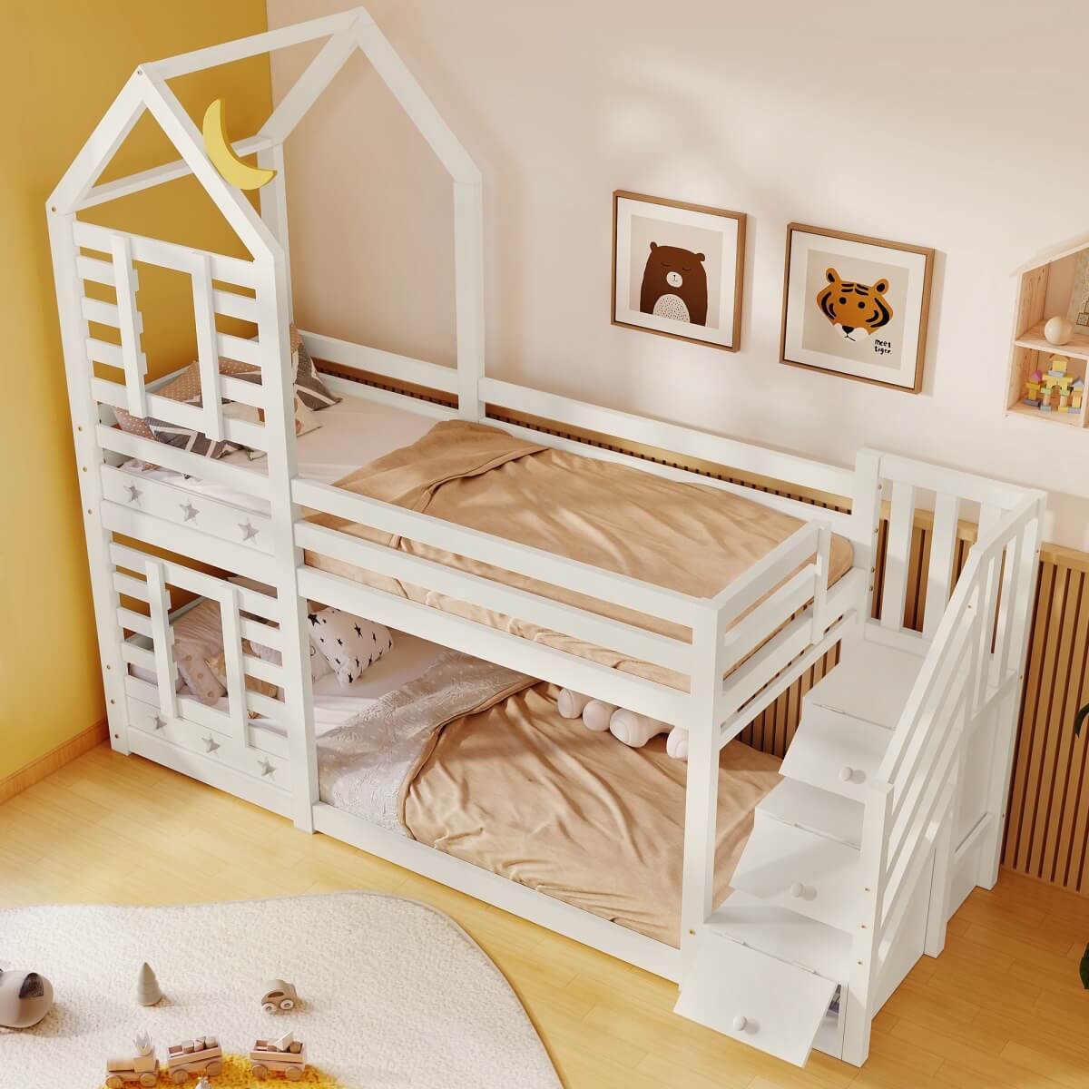 3ft White Wooden Cabin Bunk Bed for Kids - Single Bed with Storage & Window, Pine Wood