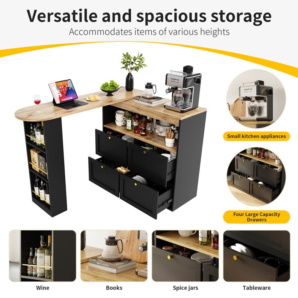 Modern Swivel Bar Table with 4 Drawers - 360-Degree Rotating Design with Open Shelves, Freestanding Dining Table