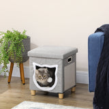 Cat House Cave Bed, Cube with Scratching Pad & Washable Cushion, Grey