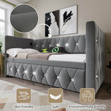 3ft Single Velvet Daybed with Trundle - Sofa Bed with USB & Type C Charging, Grey
