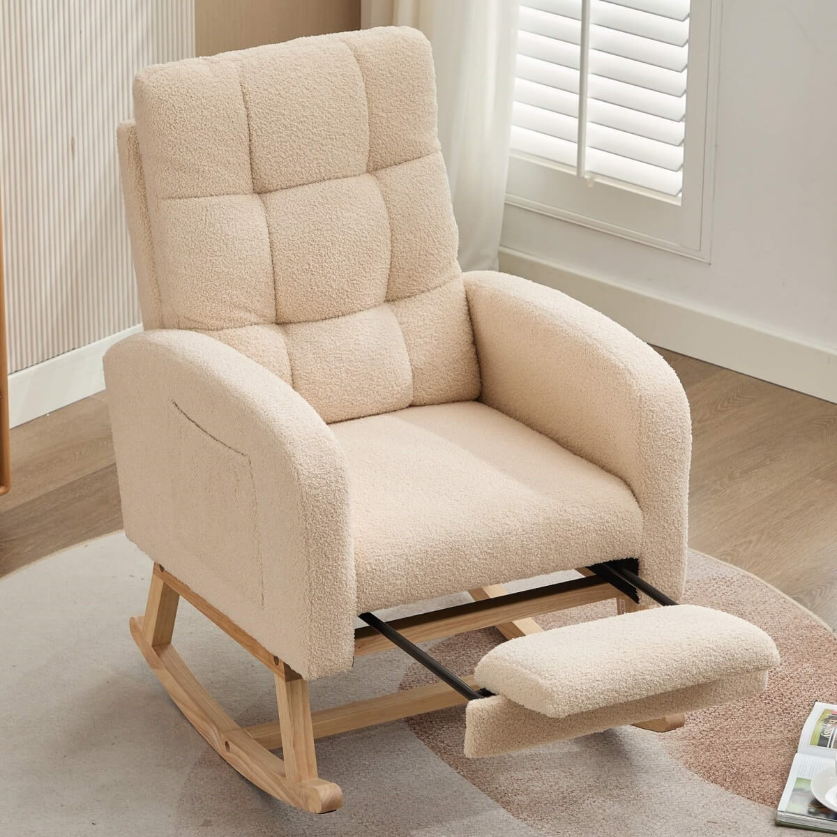 Beige Teddy Fabric Rocking Chair with Adjustable Footrest - High Back Lounge Armchair with Side Pockets