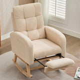 Beige Teddy Fabric Rocking Chair with Adjustable Footrest - High Back Lounge Armchair with Side Pockets