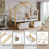Wooden Children's Bed 3ft Single 90x190cm with Safety Guardrail, Storage Drawers, Imitation Roof Shape, White & Natural