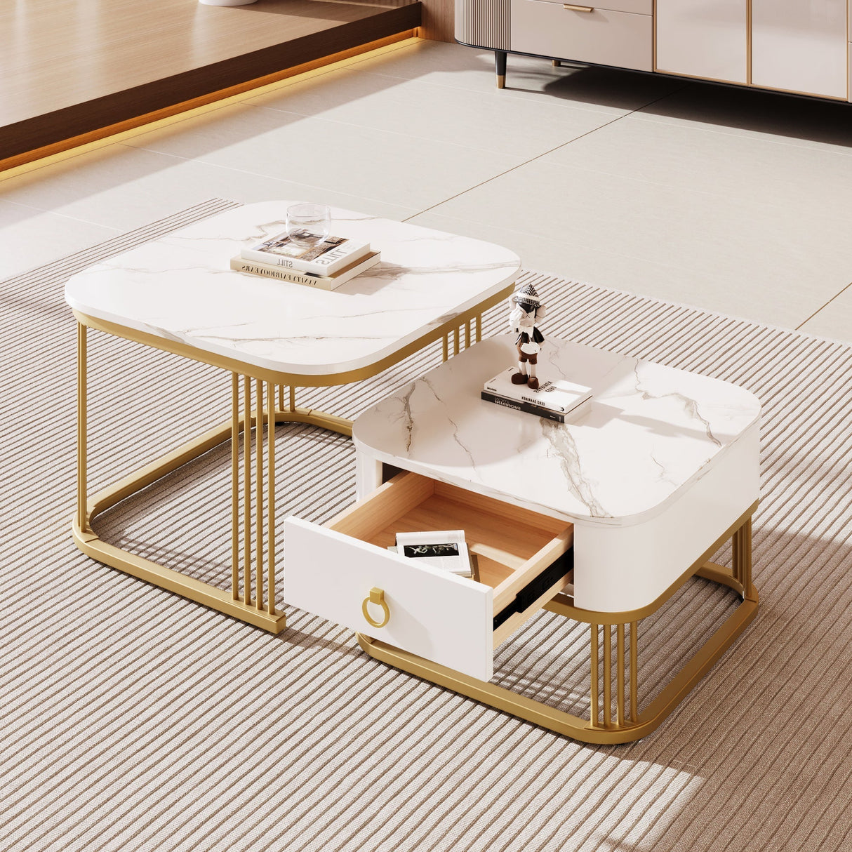 Nestable Coffee Table: High Gloss Marble Exterior, Gold Accents, Side Table with Drawer. Set of Two