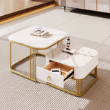 Nestable Coffee Table: High Gloss Marble Exterior, Gold Accents, Side Table with Drawer. Set of Two