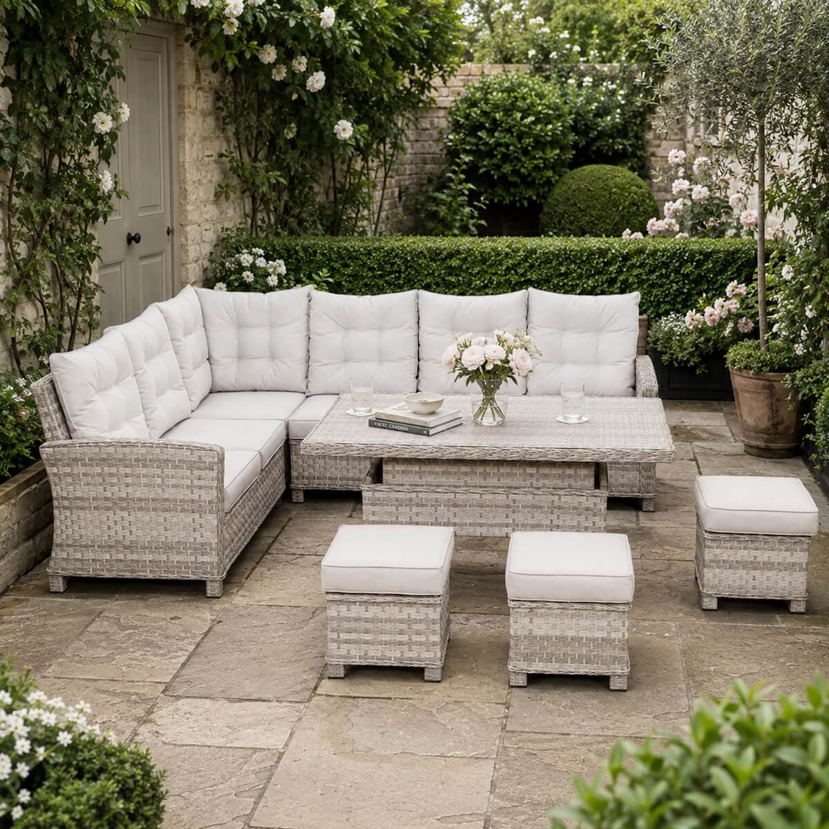 9-Seater Outdoor Corner Sofa Set - Garden Rattan Corner Sofa with Rectangular Lift-Top Table & Footstools