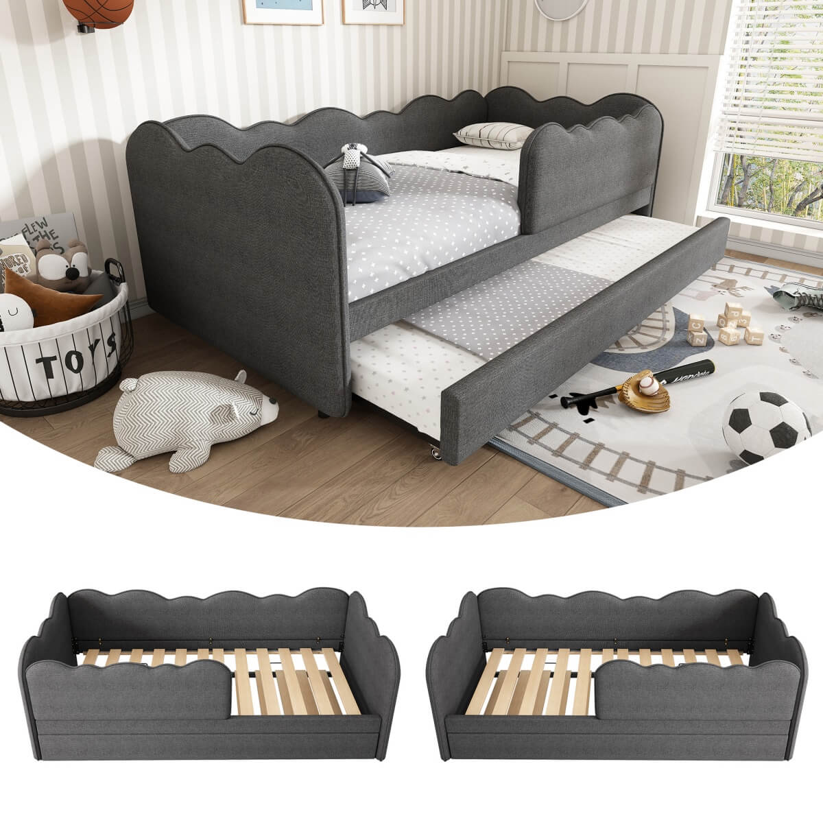3ft Single Upholstered Daybed with Pull-Out Trundle - Linen Grey Bed for Adults & Children