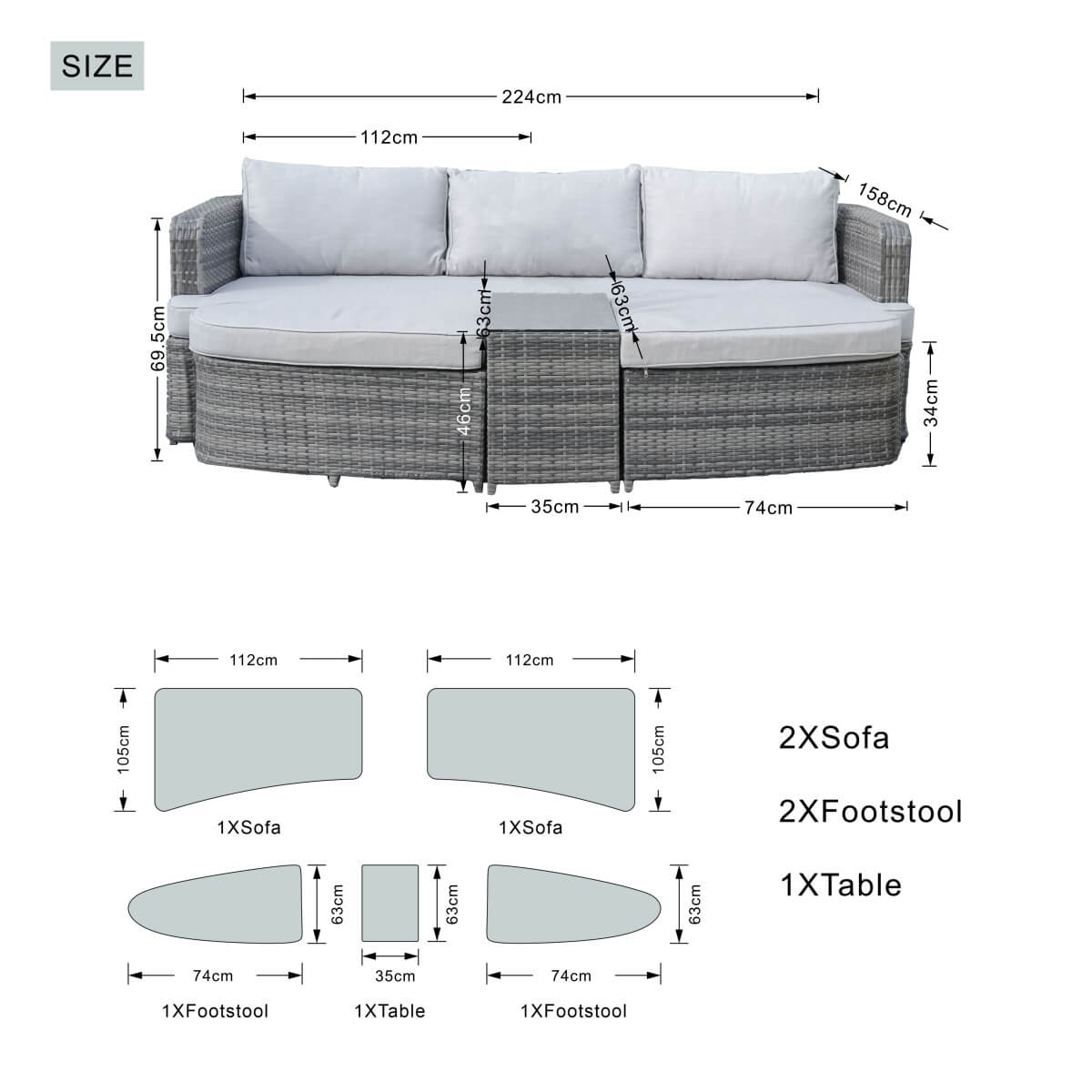 Rattan Outdoor Daybed with Coffee Table - Garden Sun Lounger Sofa