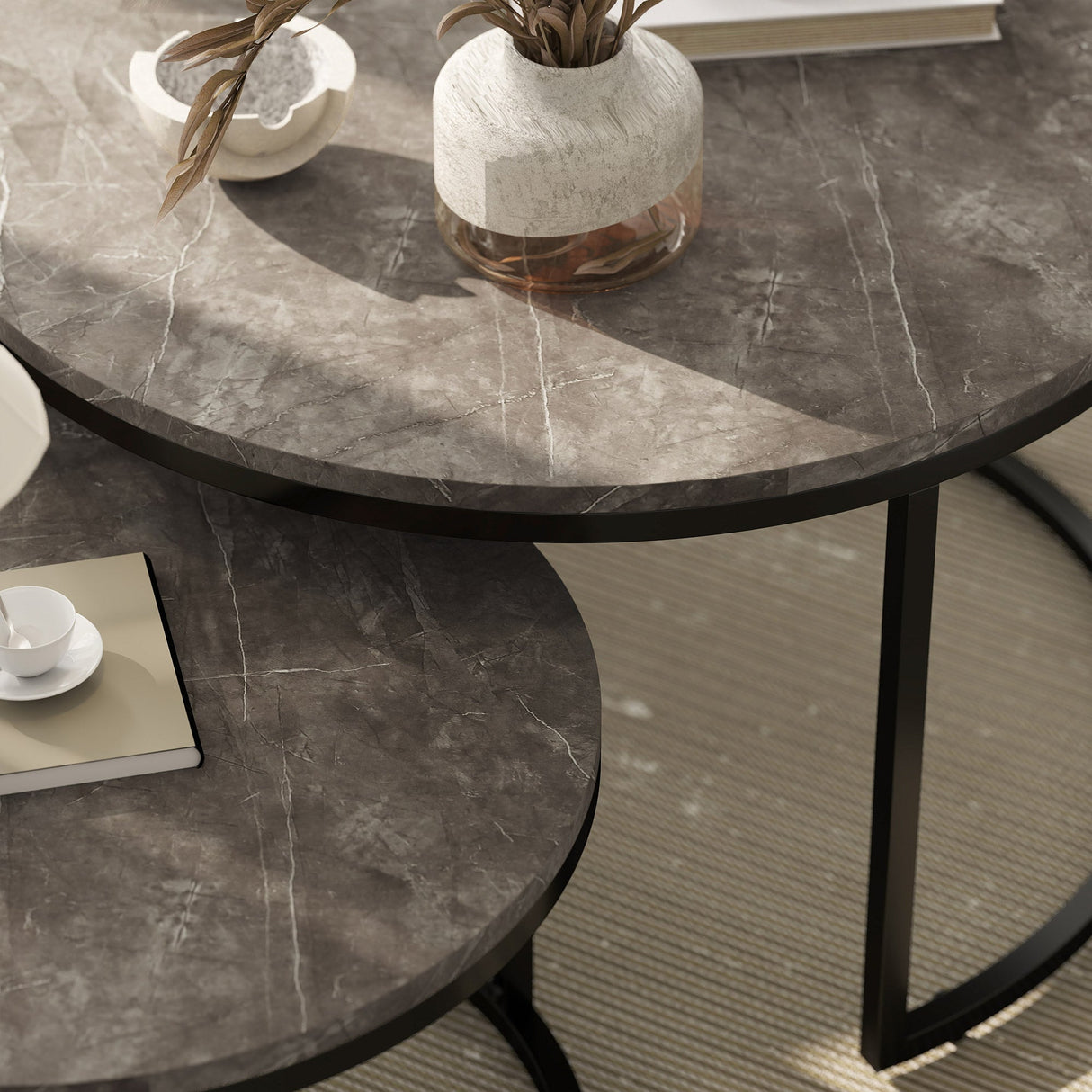 Industrial Nesting Coffee Table Set of 2, Round with Faux Marbled Top and Steel Frame