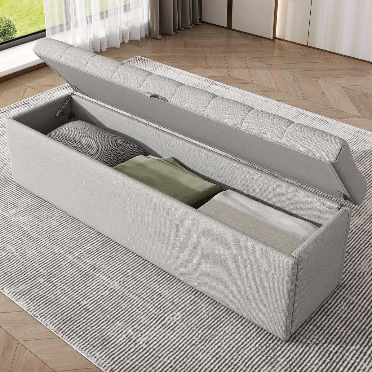 Linen Upholstered Storage Bench - Soft Padded Seat, 135x41x42cm, Light Grey