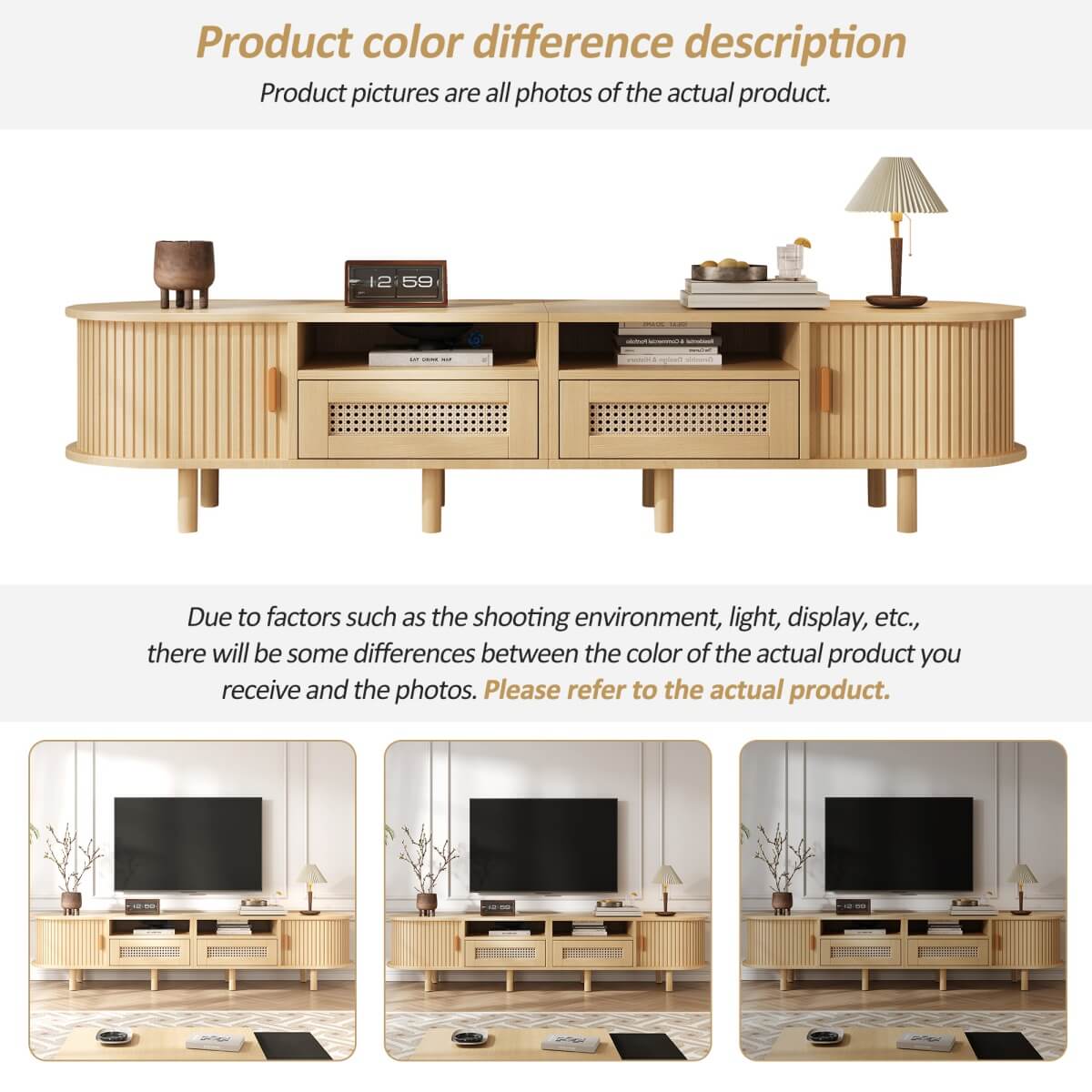 Rattan TV Stand with Sliding Doors - 2 Drawer Storage TV Unit, Fits up to 70 Inch TV