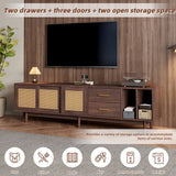 Rattan TV Stand with Sliding Doors - 2 Drawer Storage TV Unit, Dark Wood, Fits up to 80 Inch TV