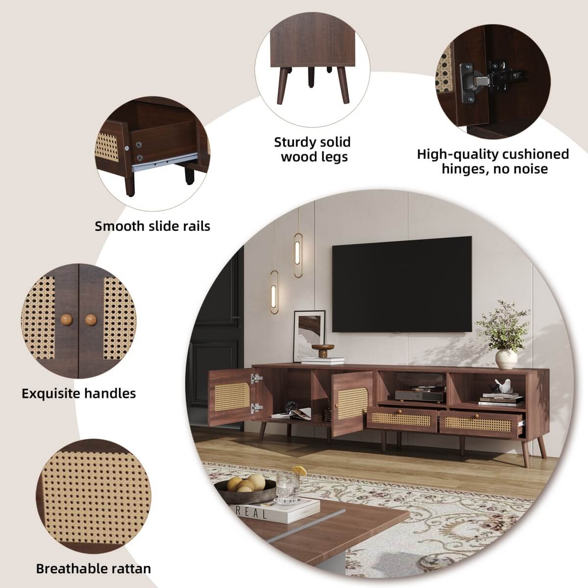 Rattan TV Stand with Storage - 2 Door TV Cabinet with Drawers, Dark Wood, Fits up to 90 Inch TV