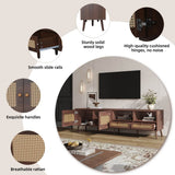 Rattan TV Stand with Storage - 2 Door TV Cabinet with Drawers, Dark Wood, Fits up to 90 Inch TV