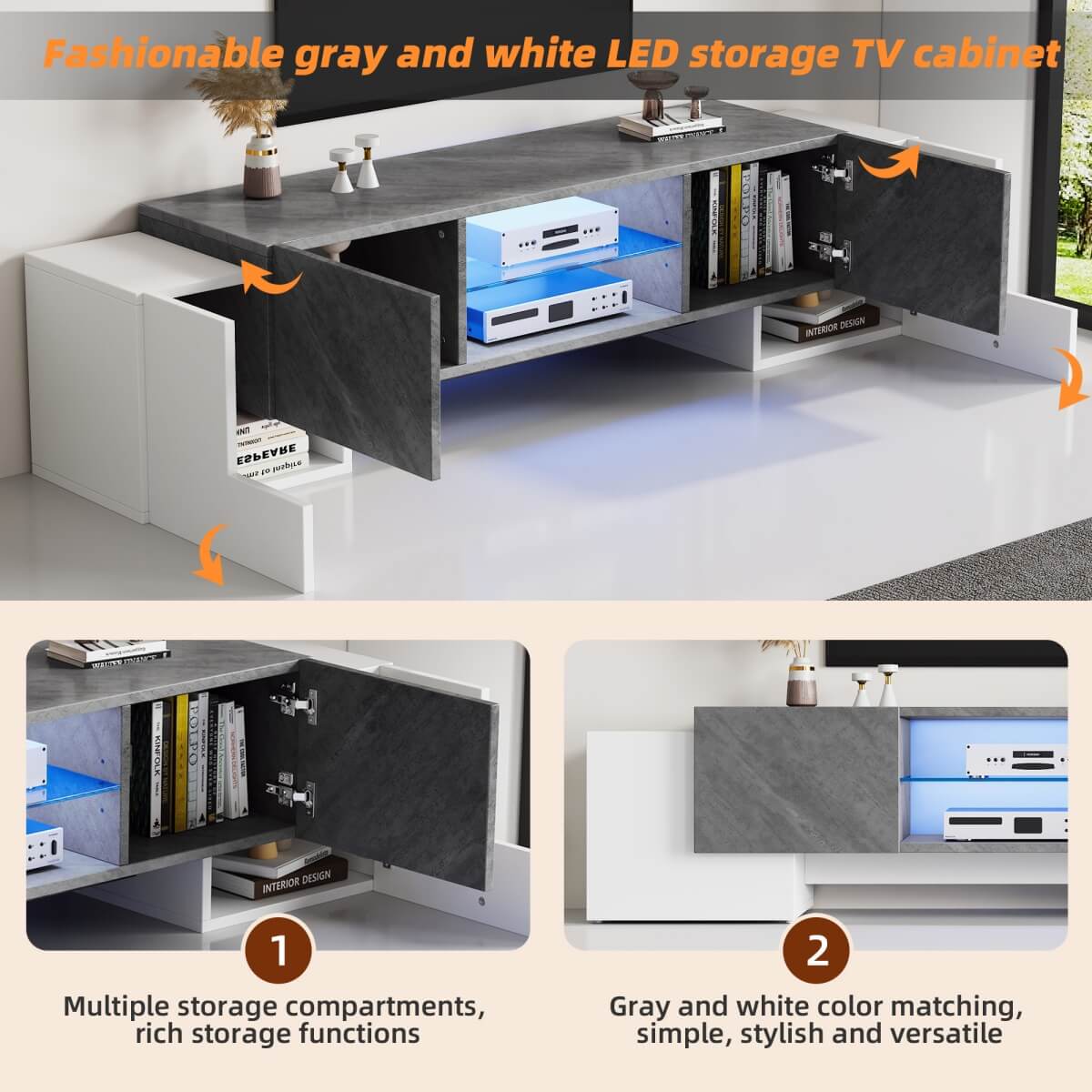 TV Stand with LED Lights - 4 Doors & 2 Open Storage Compartments, White & Grey MDF, 180x40x46.5cm, Fits Up to 80" TV