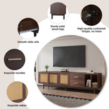 Rattan TV Stand with Sliding Doors - 2 Drawer Storage TV Unit, Dark Wood, Fits up to 80 Inch TV