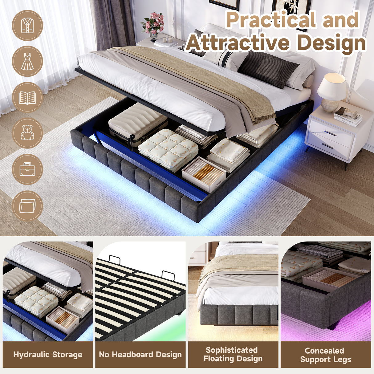 4ft6 Double Floating Bed Frame - Hydraulic Storage, RGB LED Lights, Grey Linen