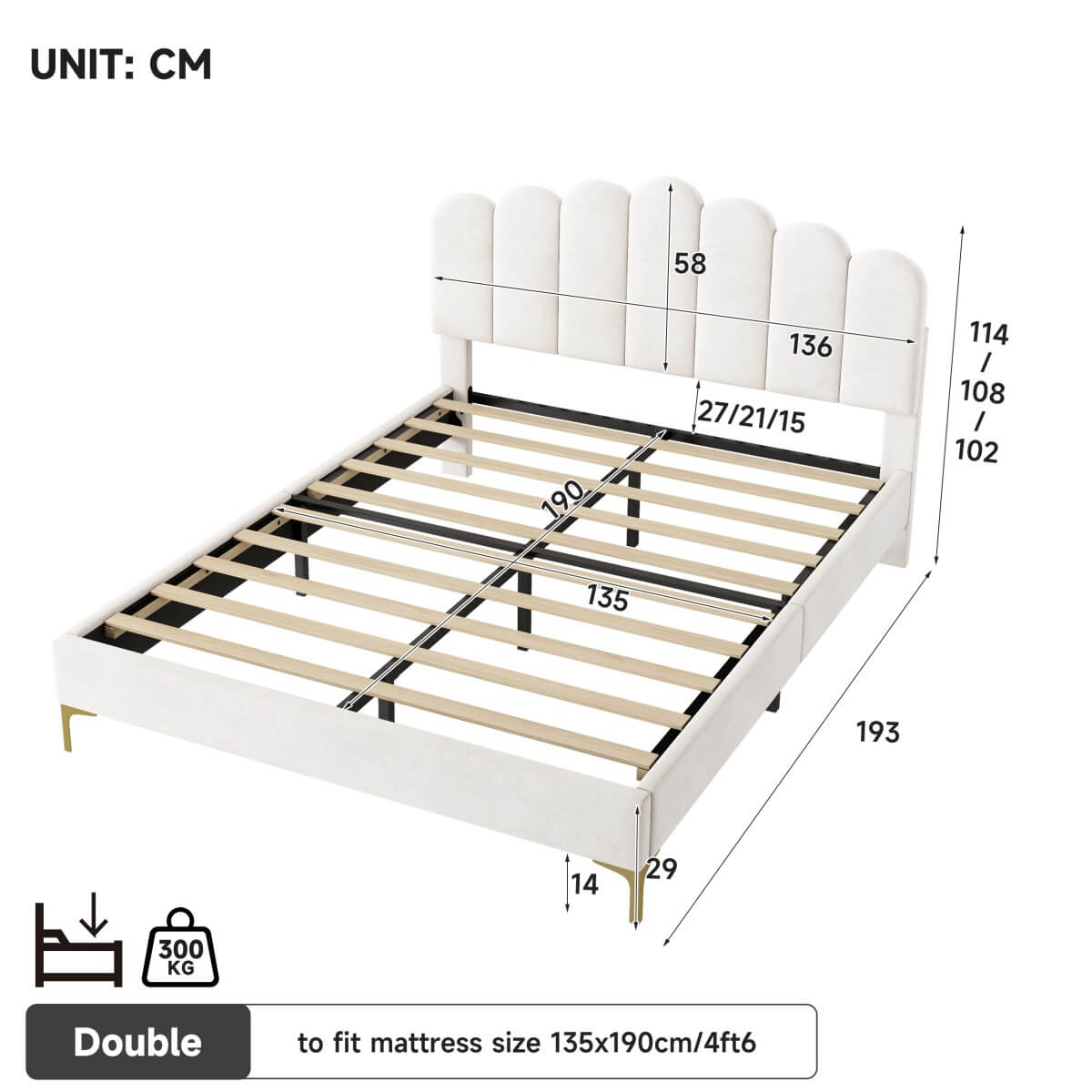 4ft6 Double Velvet Bed Frame - Scalloped Tufted Headboard, Adjustable Height, Gold Legs, Beige