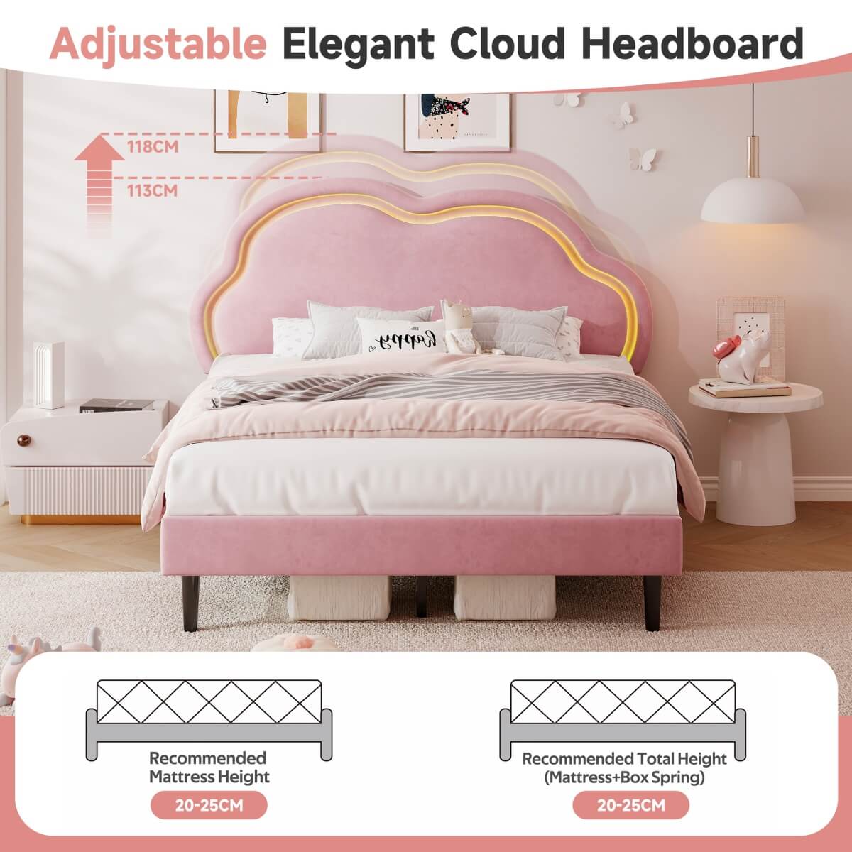 4ft6 Double Velvet Bed Frame - LED Cloud Headboard, Adjustable Height, Pink