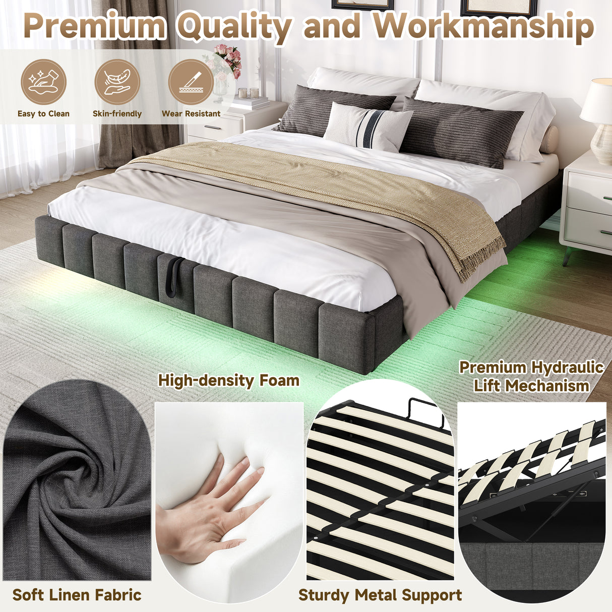 4ft6 Double Floating Bed Frame - Hydraulic Storage, RGB LED Lights, Grey Linen