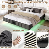 4ft6 Double Floating Bed Frame - Hydraulic Storage, RGB LED Lights, Grey Linen
