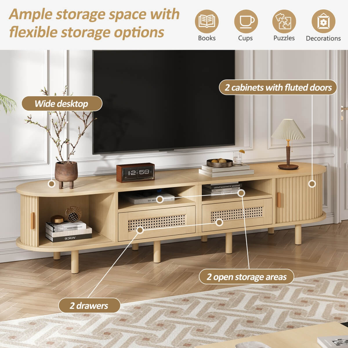 Rattan TV Stand with Sliding Doors - 2 Drawer Storage TV Unit, Fits up to 70 Inch TV