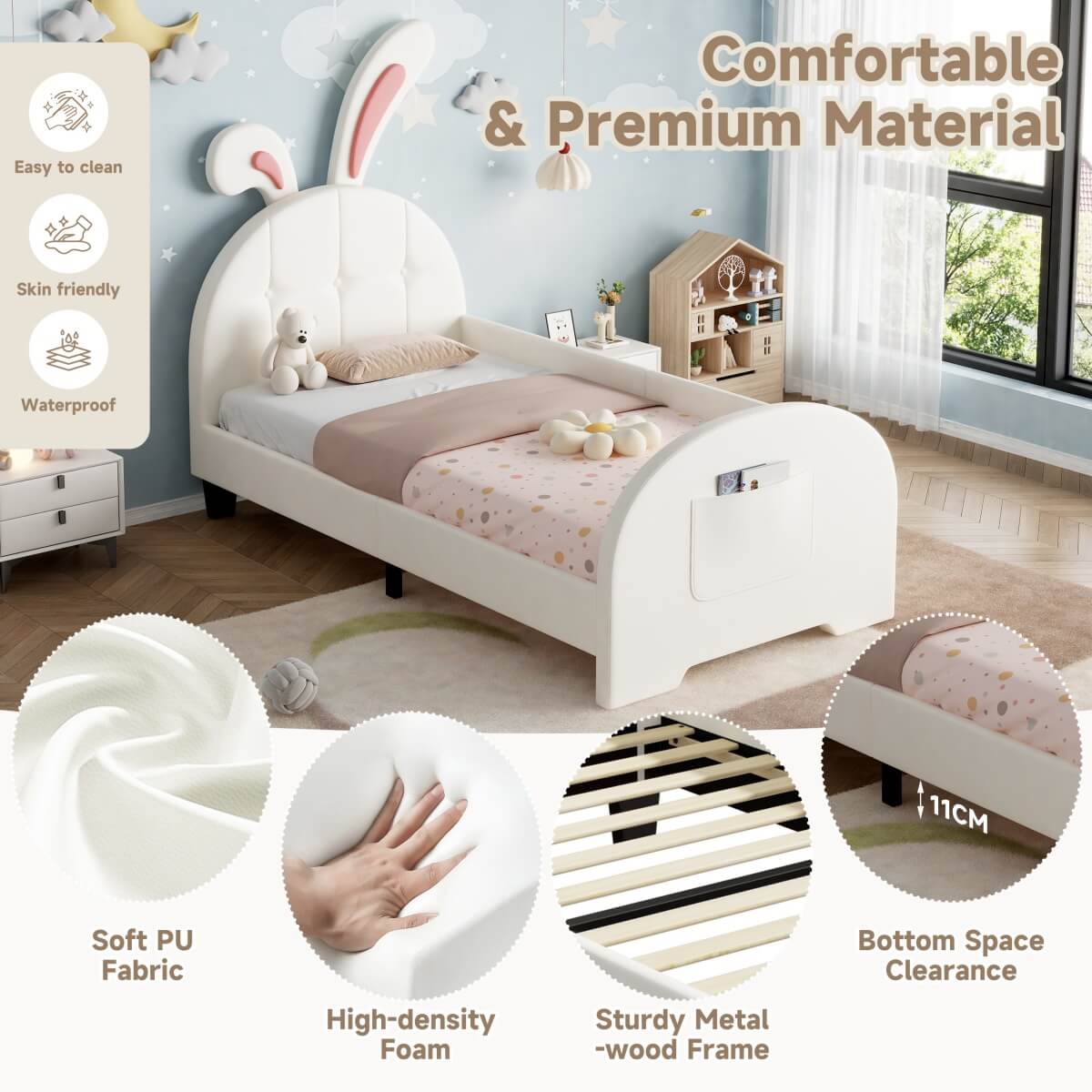 3ft Single Bunny Bed Frame - Upholstered PU Leather, Rabbit Ear Headboard, Cream White