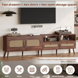 Rattan TV Stand with Storage - 2 Door TV Cabinet with Drawers, Dark Wood, Fits up to 90 Inch TV
