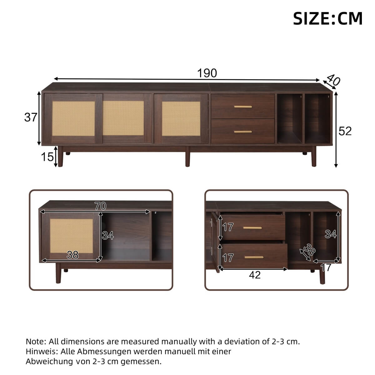 Rattan TV Stand with Sliding Doors - 2 Drawer Storage TV Unit, Dark Wood, Fits up to 80 Inch TV