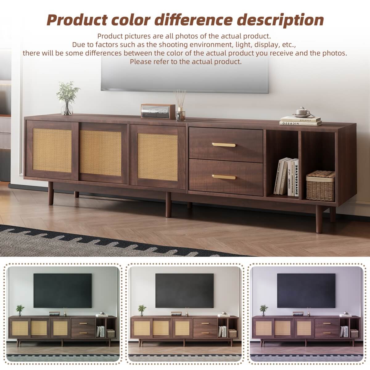 Rattan TV Stand with Sliding Doors - 2 Drawer Storage TV Unit, Dark Wood, Fits up to 80 Inch TV