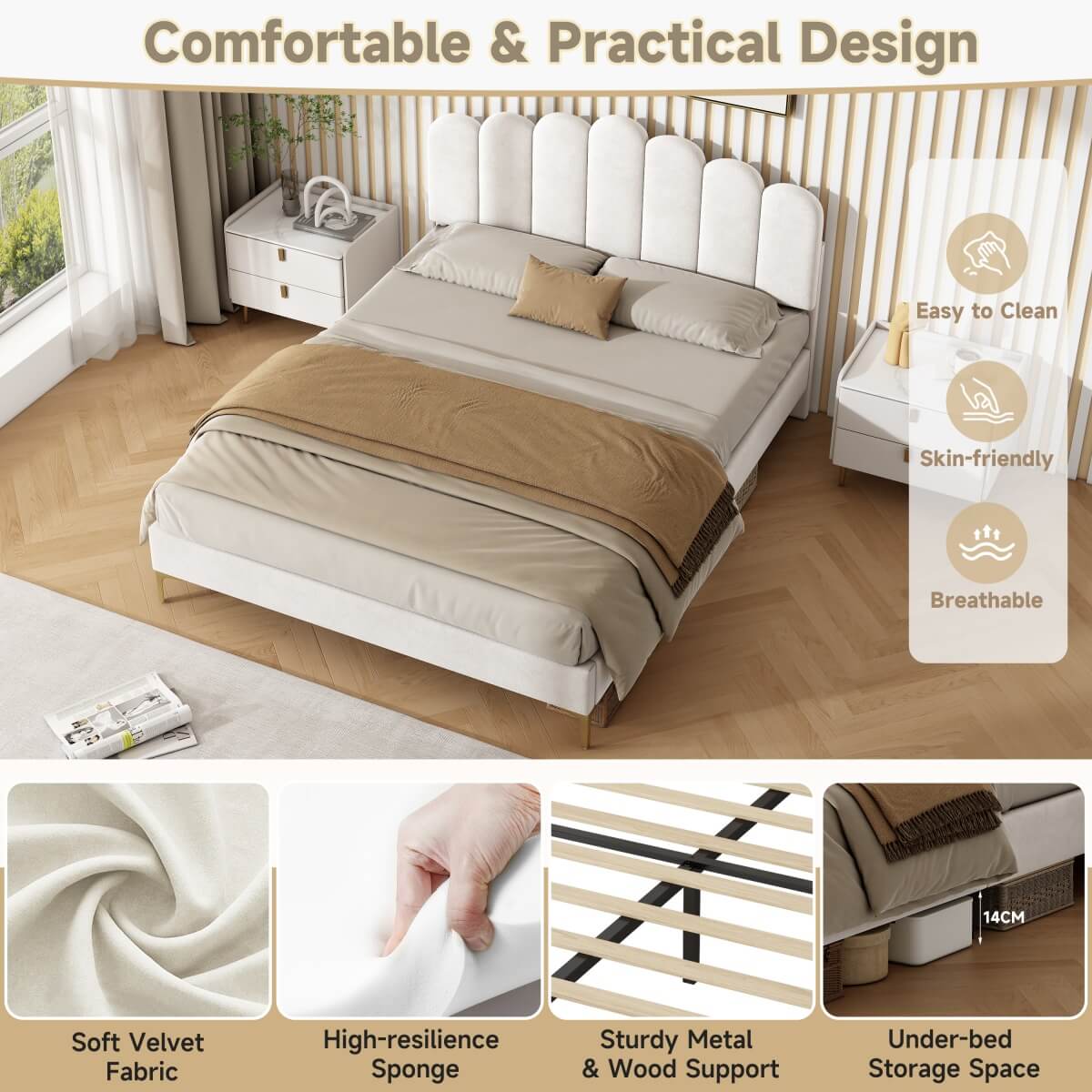 4ft6 Double Velvet Bed Frame - Scalloped Tufted Headboard, Adjustable Height, Gold Legs, Beige