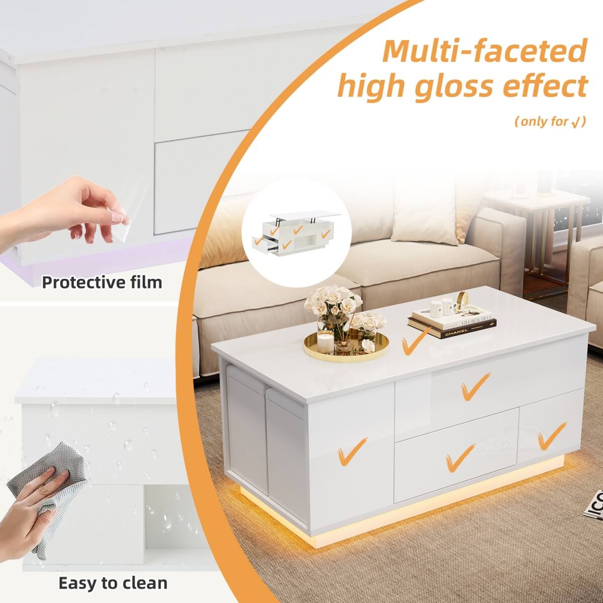4 in 1 LED Coffee Table - Height Adjustable High Gloss Table with Storage, Drawers and 2 Stools